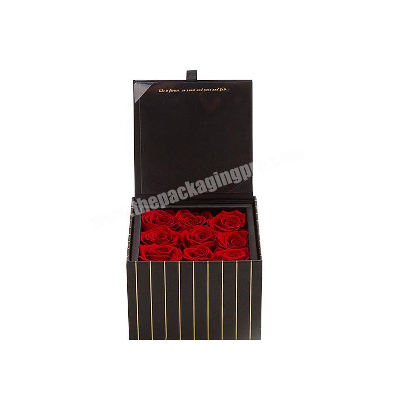 Luxury Black Gold Stripe Packaging Boxes Gift Preserved Roses Packaging Flower Box Square Shape Paper Rigid Boxes Paperboard OEM