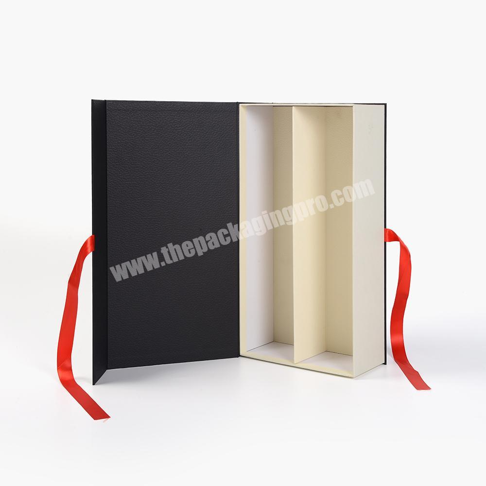 Luxury Black Leather Embossing Paperboard Glass Bottle Perfume Cosmetic Packaging Magnetic Gift Box with Ribbon Closure