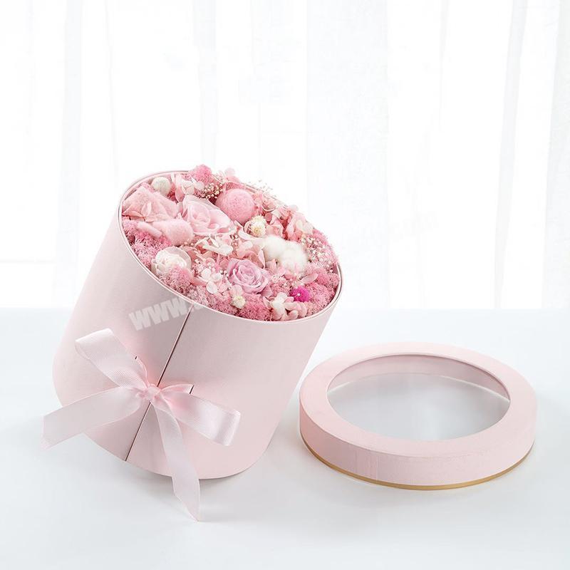 Luxury custom rose gold foil logo rose flower packaging 2 layer round flower box cardboard paper customized flower box