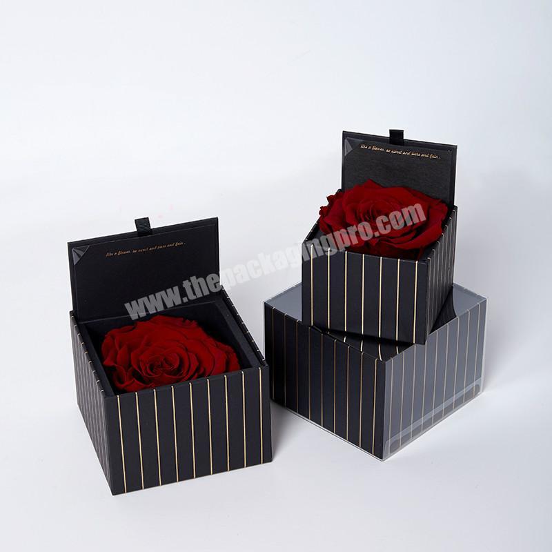 Luxury small square stripe gold foil stamping single fresh soap rose packaging box artificial flower box for home decor