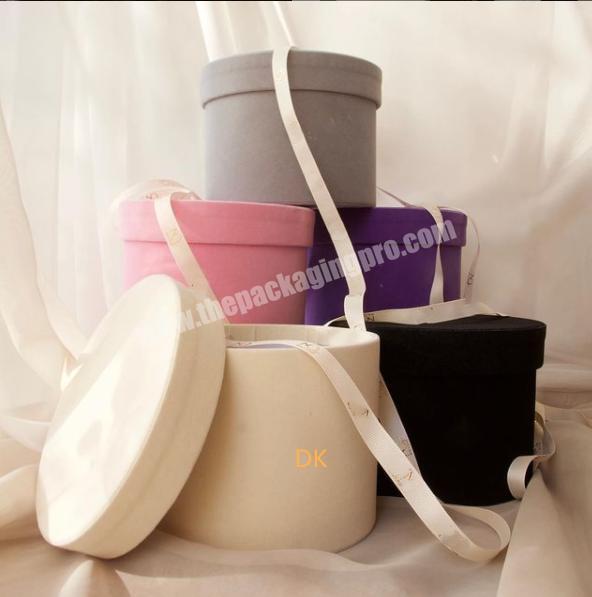 Luxury soft velvet flower floral boxes beige gray suede hat paper cardboard round rose cylinder box for flowers with custom logo