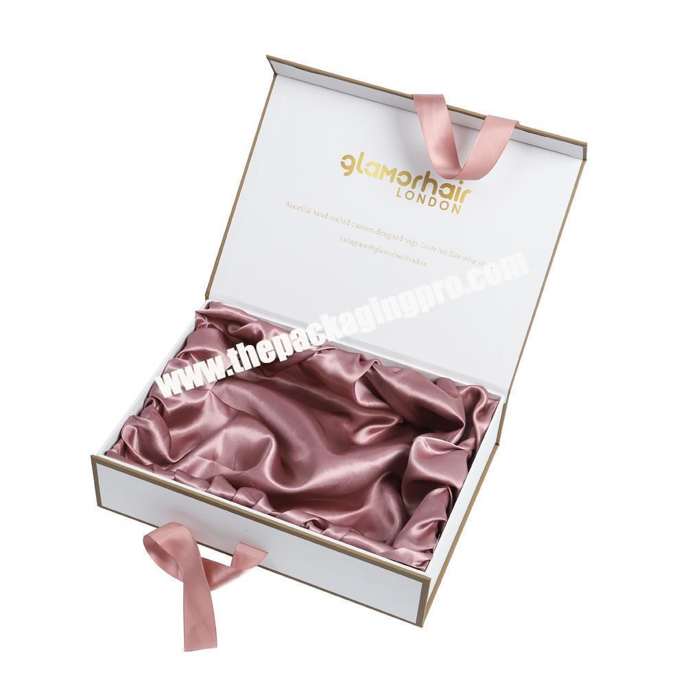 New Arrival fo Simple Elegant Folding Luxury Small Satin Lined White Hair Extensions Paper Packaging Box with Ribbon
