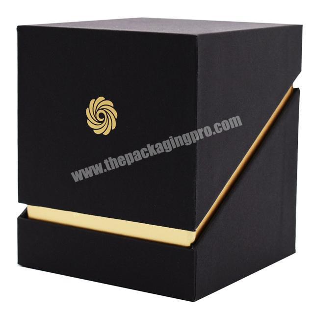 New design paper boxes luxury black custom logo gold foil square luxury candle box with fold insert