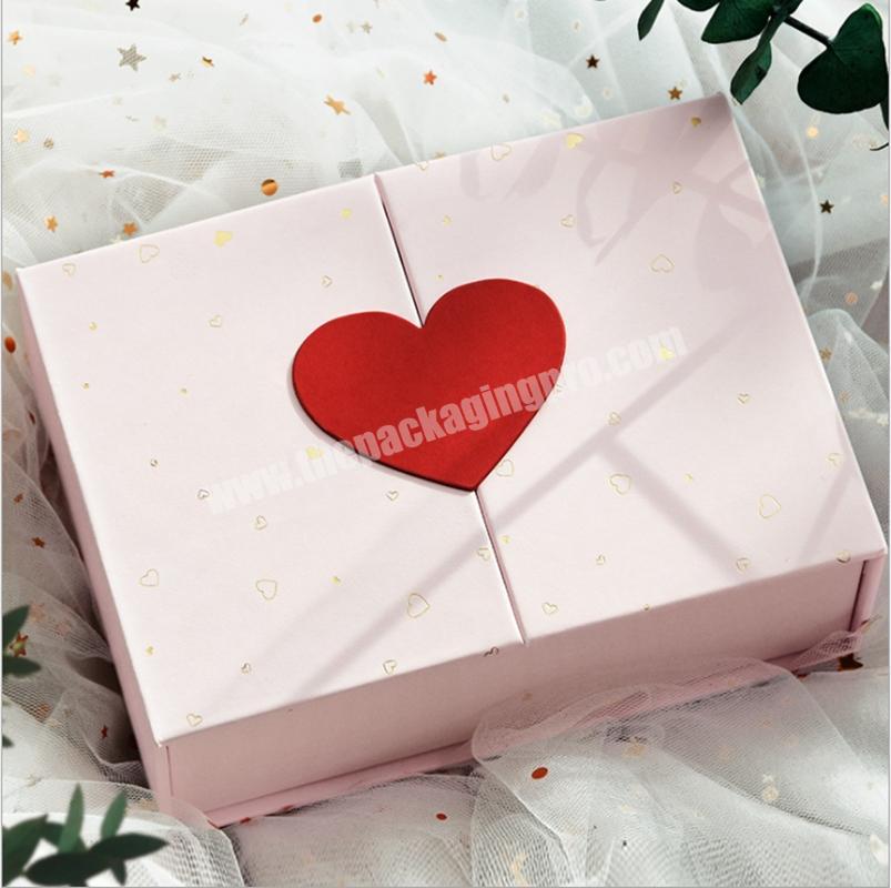 New design pink heart decoration double doors cardboard paper lipstick cosmetic perfume packaging gift box with ribbon closure