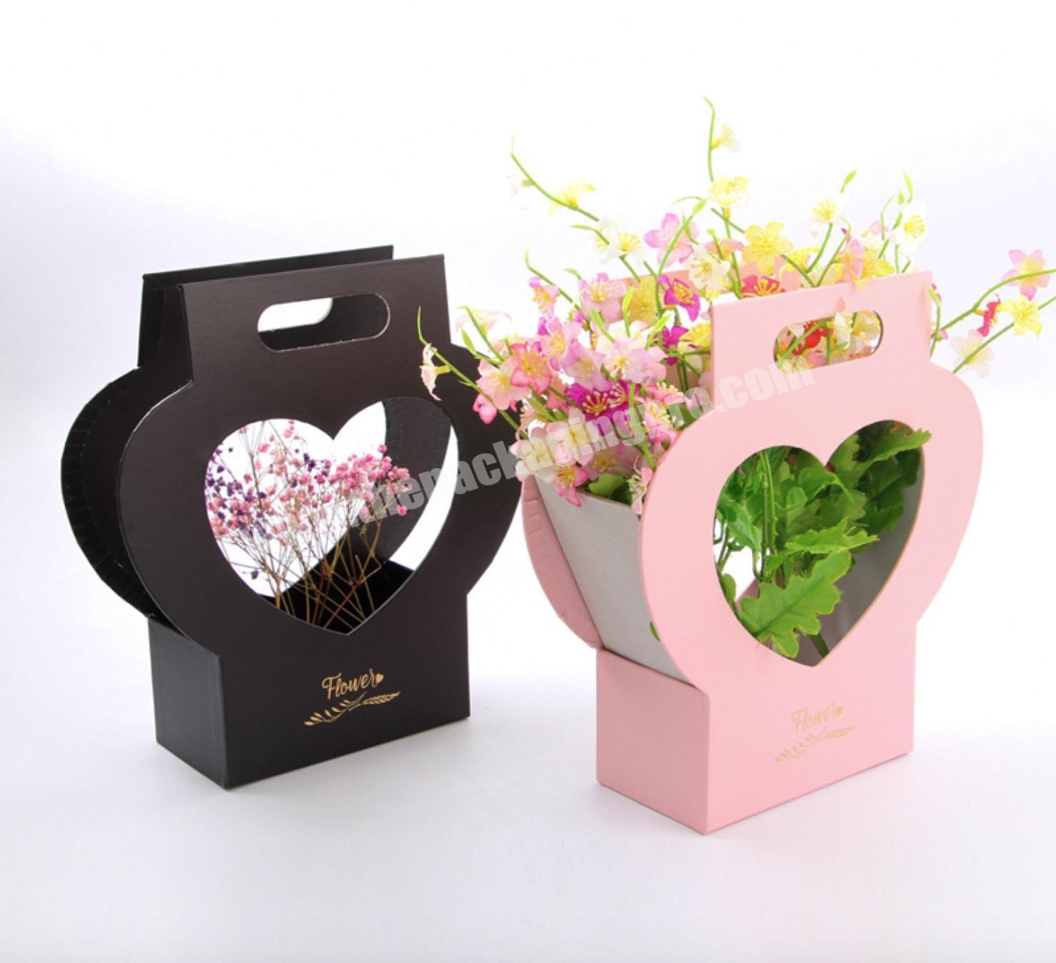 Rigid Paper Heart Shaped Handle Gift Rose Packaging Portable Foldable Basket Fresh Box For Sale Boxe Flower Bouquet Boxes Luxury