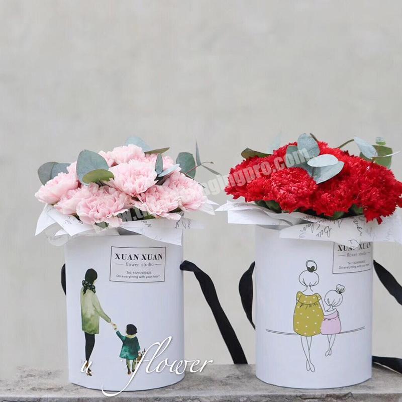 Small Rose Bouquet White Black Ribbon Handle Round Cylinder Packaging Shipping Boxes High Quality Luxury Paper Box Flower Gift