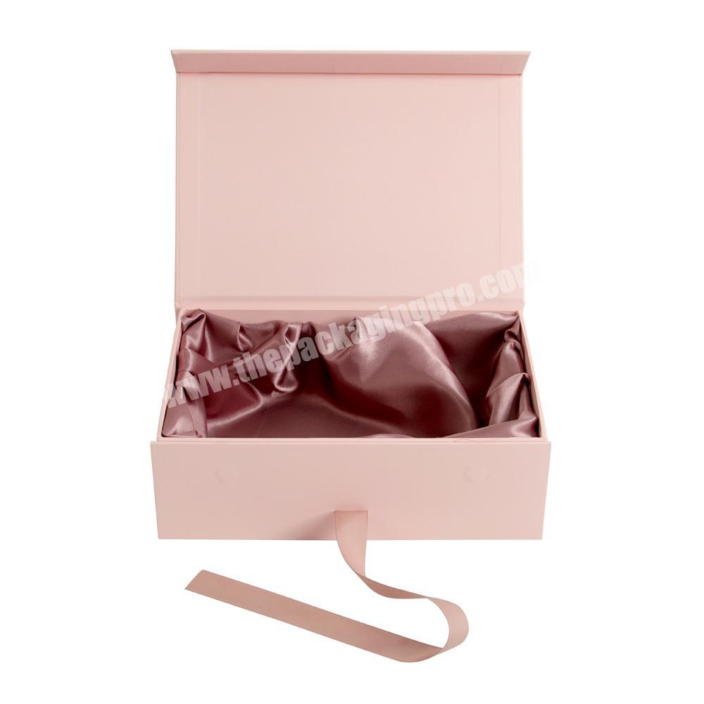 Pink Clothing Packaging Paper Boxes with Satin Lining Luxury Gift Boxes with Ribbon And Magnet Product Packaging Pink Boxes