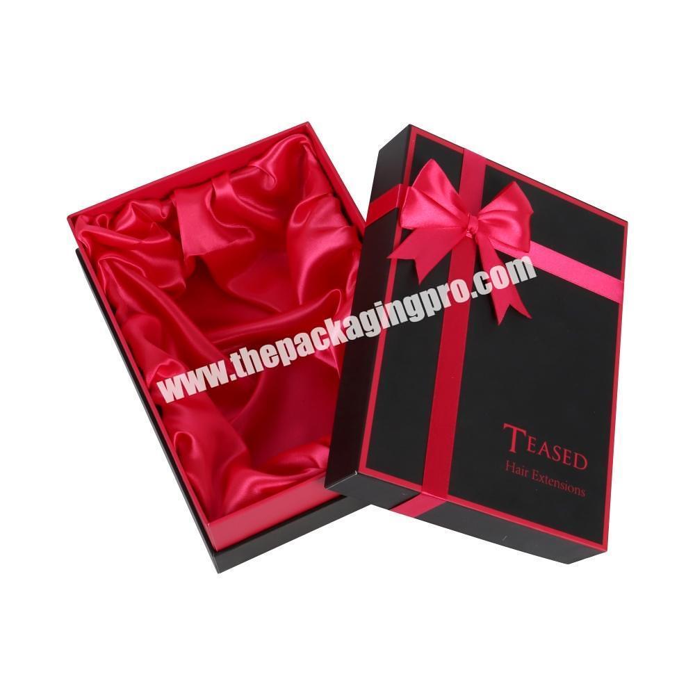 luxury matte black customized hair care products gift paper boxes packaging with red satin and ribbon bow