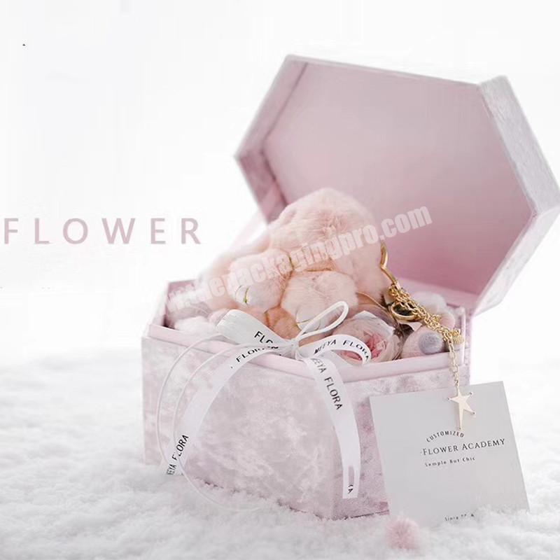 Wholesale custom luxury hexagon shape gift box cardboard paper packaging roses ice flower velvet box with lid for flowers