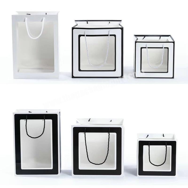 Wholesale high end bouquet paper bag custom design square shopping paper bag packaging with clear window