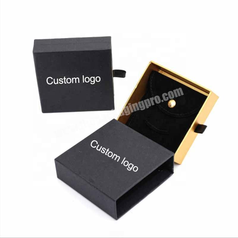 black and gold packaging drawer slide jewelry box and with pouch bag set for custom logo small luxury jewellery boxes