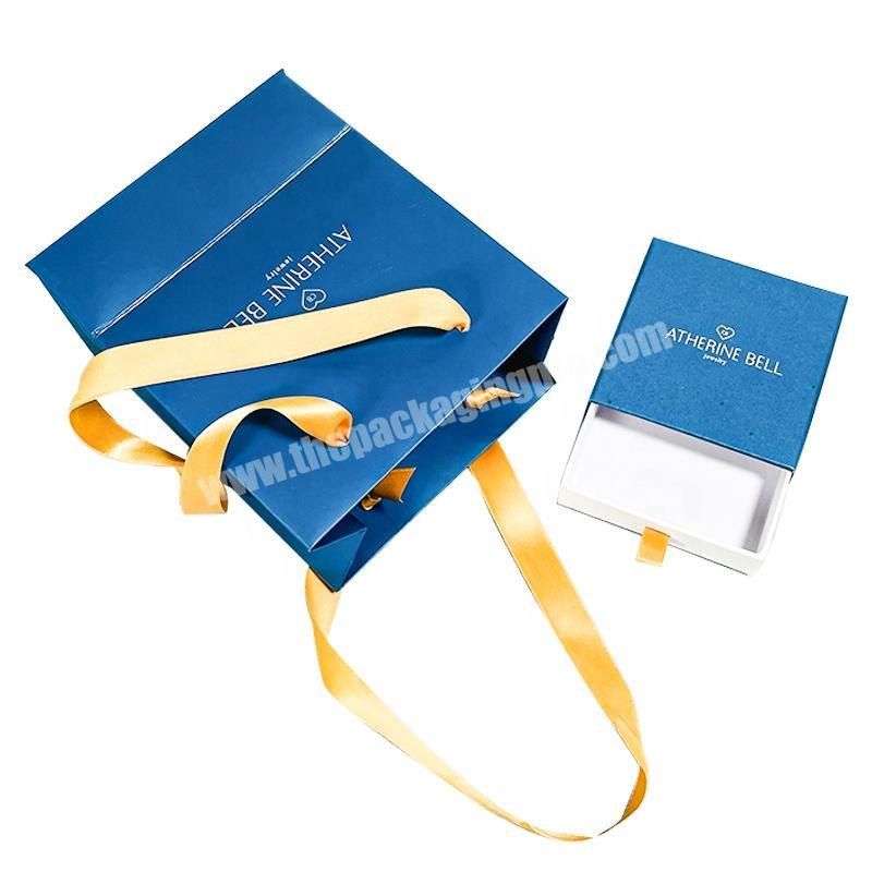 custom blue bracelet sliding drawer jewelry paper boxes packaging cardboard jewellery gift paper bags with handle