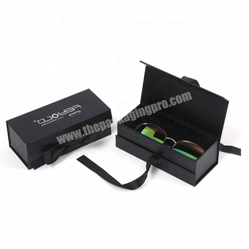 customised logo printed matte black small mailer rigid boxes square cardboard sunglasses box with ribbon for jewelry necklace