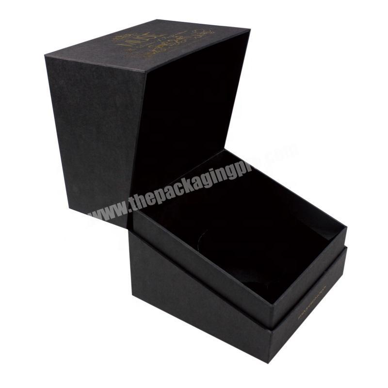 Custom Luxury Black Textured Paper Cardboard Candle Gift Box Gold Foil Logo Bevel Clamshell Box
