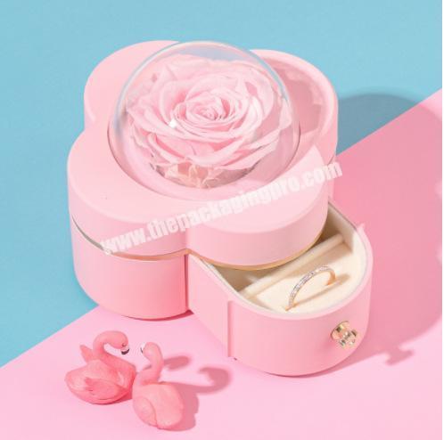 2022 Creative New Product Clover Preserved Rose Gift Box Valentine's Day LED Immortal Flower Ring Necklace Jewelry Storage Box