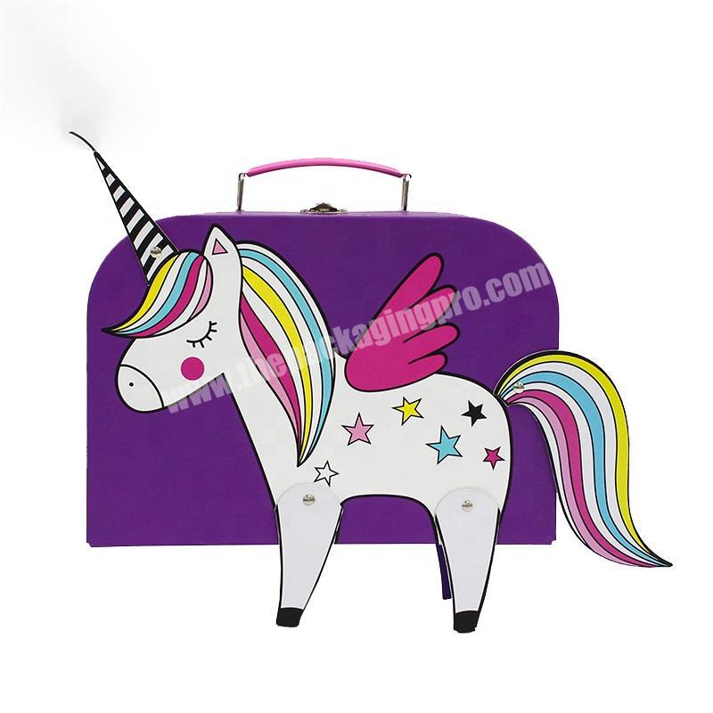 Baby keepsake box purple unicorn animal suitcase packaging paper cardboard suitcase gift box with handle