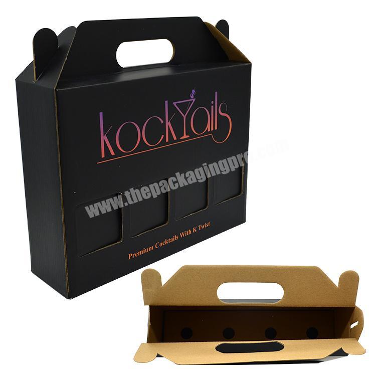 Black Custom logo foldable corrugated kraft paper 4 bottle cocktail wine shipping boxes with holder and handle