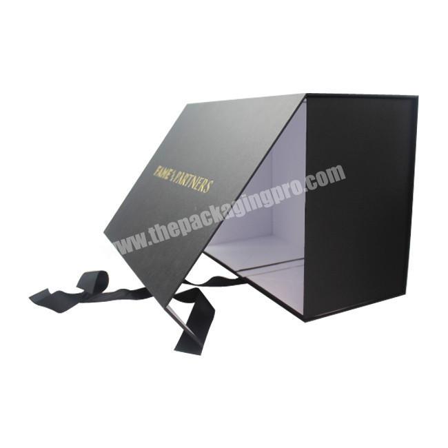 Black Foldable Clothing Box With Ribbon Large Matte Black Paper Folding Gift Box With Magnetic Closure