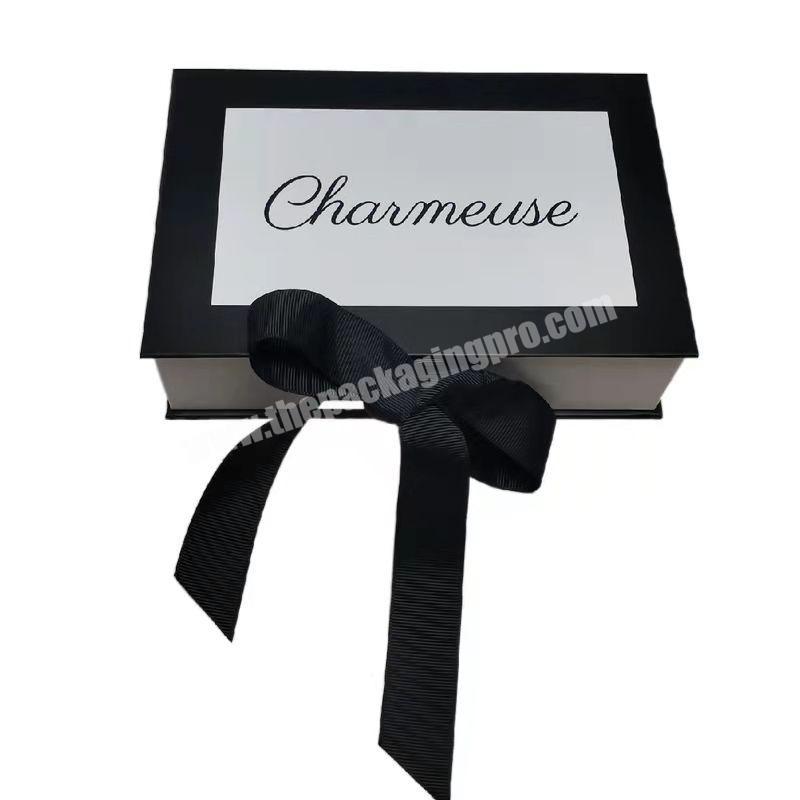 Black Logo Premium Cardboard Paper Gift Magnetic Packaging Box Customized Ribbon Pillowcase