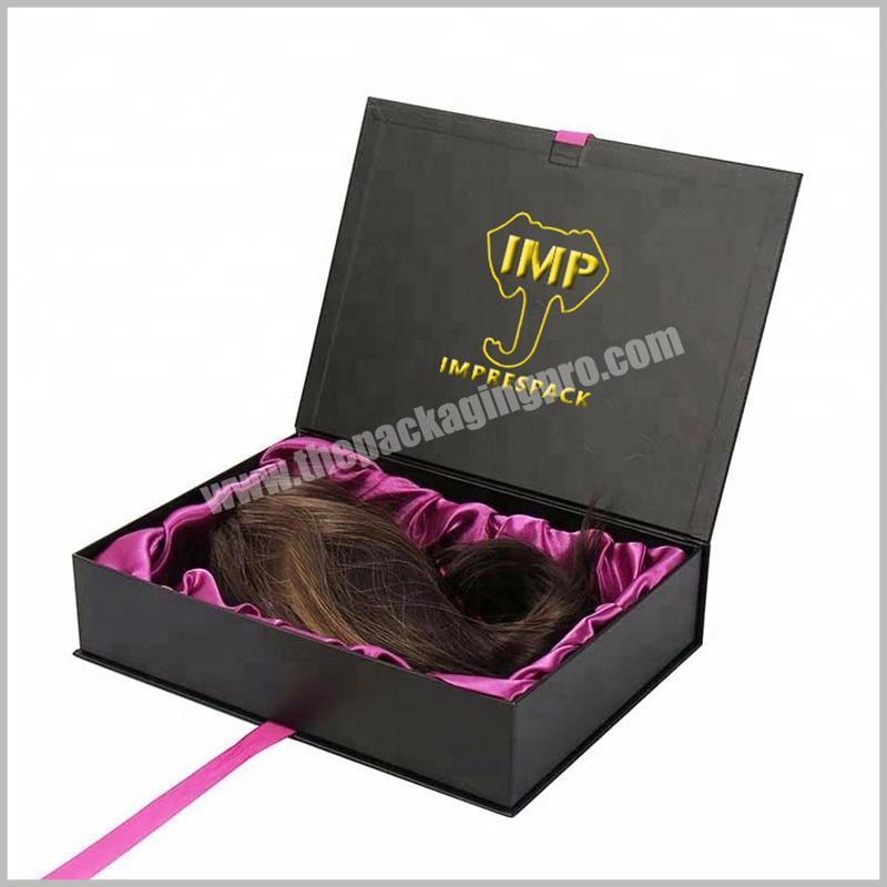 Black Matt Magnetic Closure Cardboard Book Shape Gift Box Packaging with Satin for Wigs