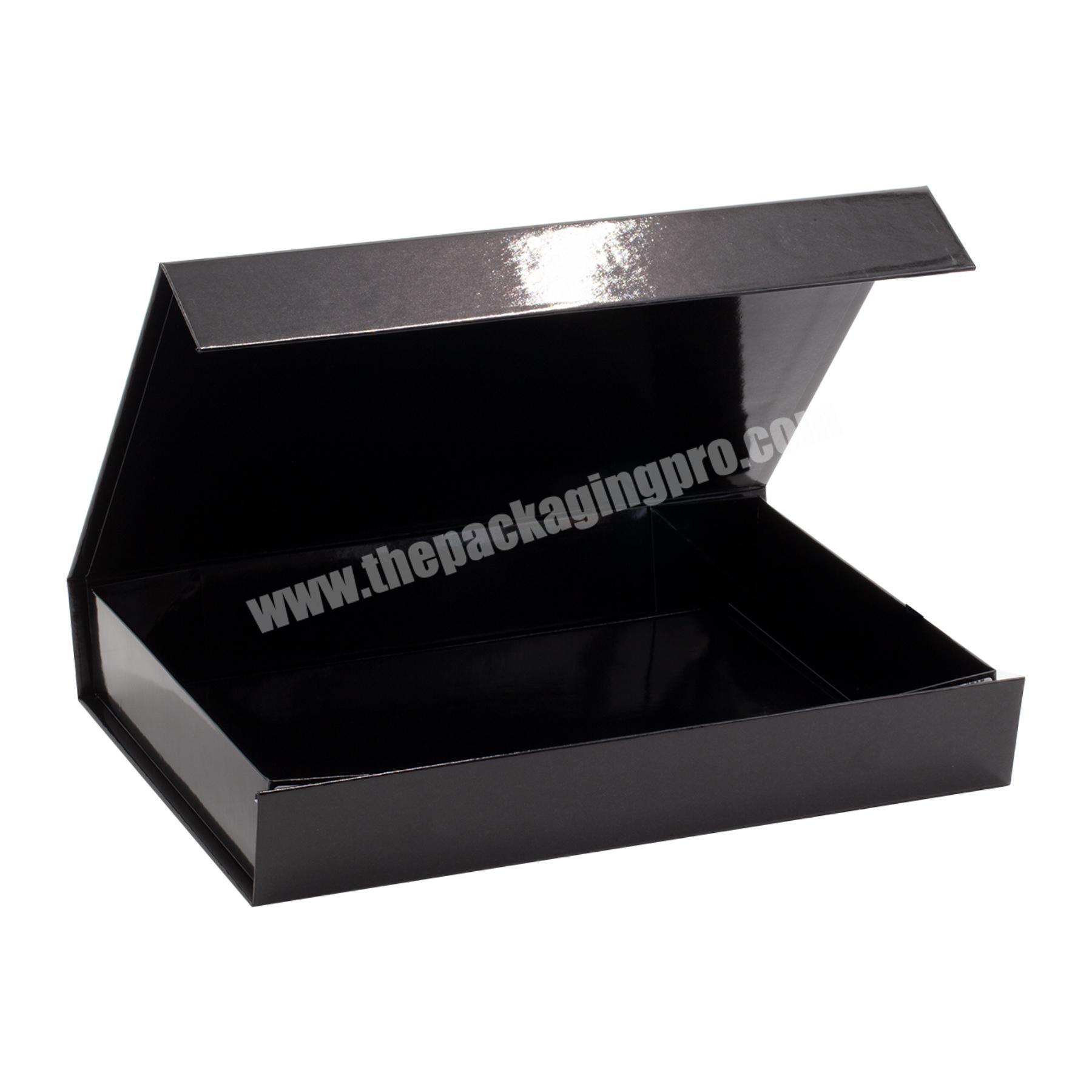 Black folding package for shirts clothing products packing glossy box with custom gold logo hamper magnetic flip box luxury