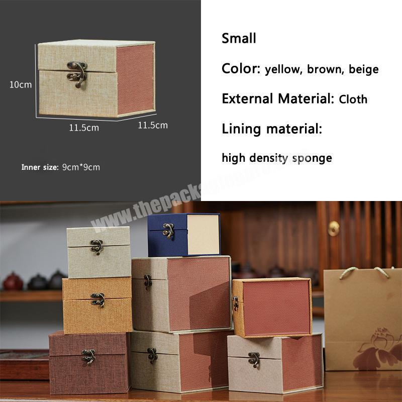 custom China Wholesale Yellow Brown Beige Color Protective Packaging Square Linen Gift Box With Sponge Inner Support 