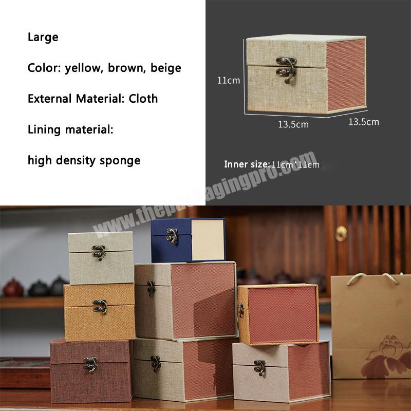 China Wholesale Yellow Brown Beige Color Protective Packaging Square Linen Gift Box With Sponge Inner Support wholesaler