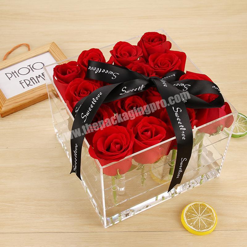 China wholesale transparent acrylic square 16 holes preserved rose flowers gift packaging box clear plastic flower display box