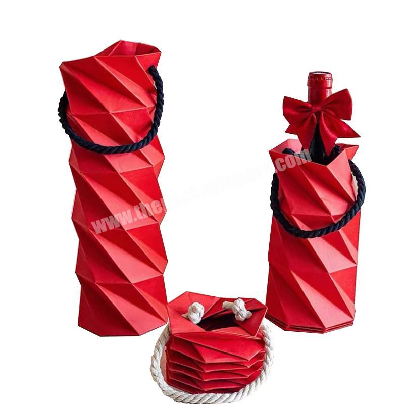 China wholesale wine paper bag custom Folding Kraft Paper Wine Gift Paper Bag With Handle