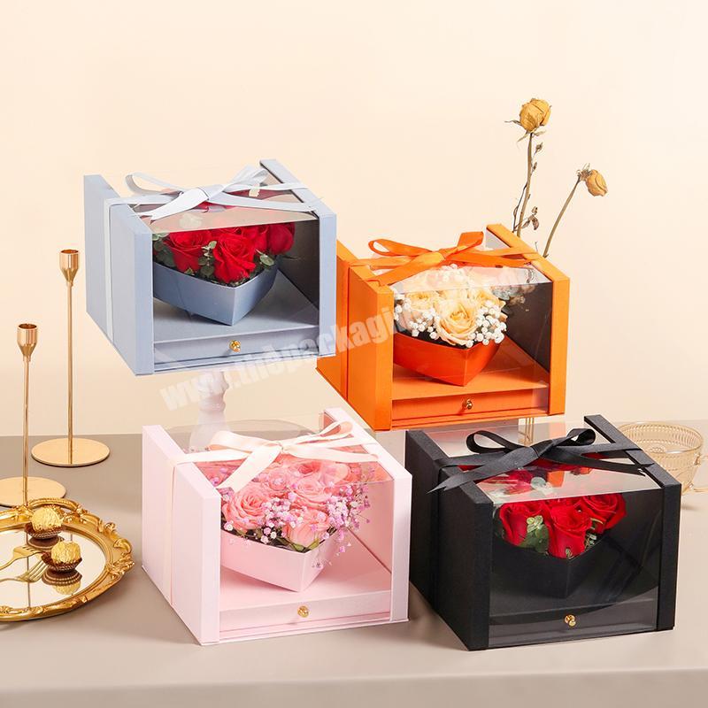Clear Panoramic Window Square Flower Gift Box Pvc Film Transparent Love Flower Bouquet Heart Shape Packaging Box With Drawer