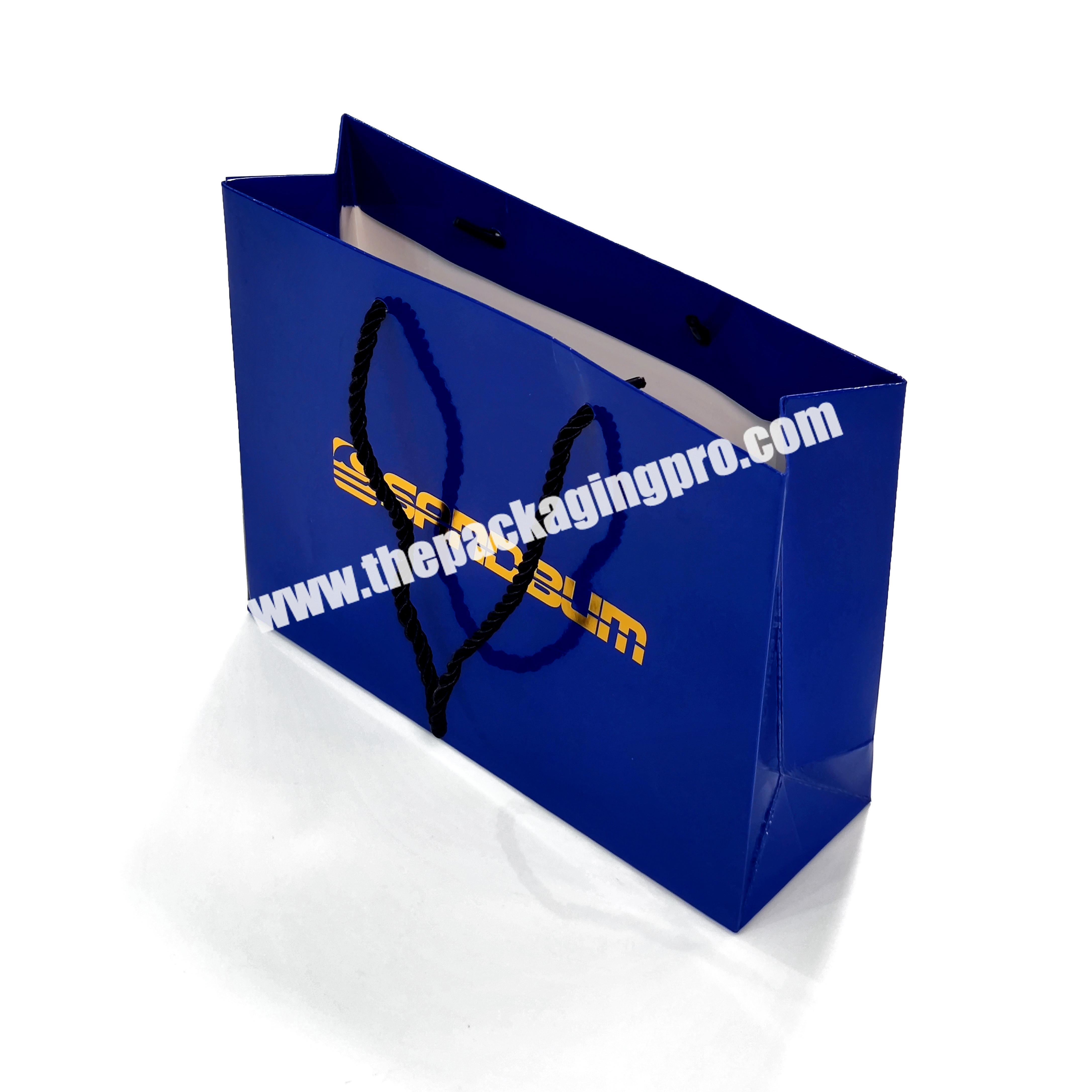 Wholesale Custom Hard Reflective Blue Gold Foil Gloss Packaging Paper Bags With Your Own Logo