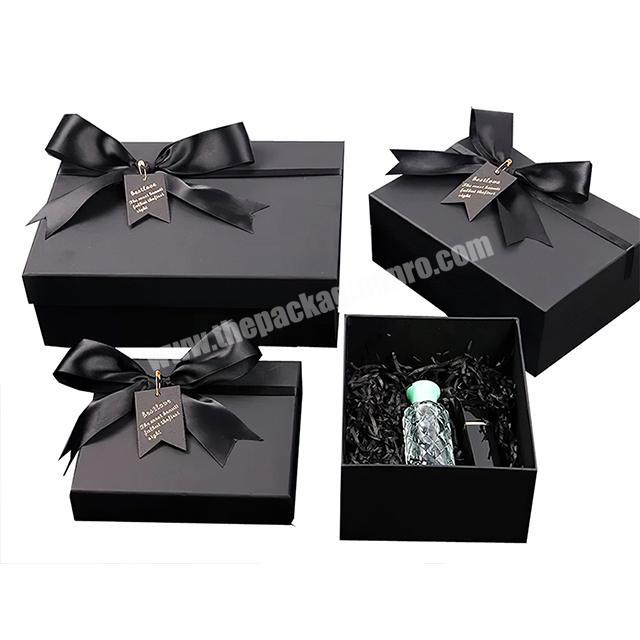 Custom Black Cardboard Gift Box Design Ribbon Rigid Paper Box for Perfume Packaging Classic Matte Black Boxes for Gift Sets