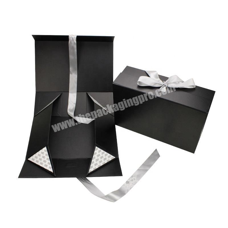Custom Black Color Printed Paper Card Magnetic Folding Boxes With Ribbon for Gift