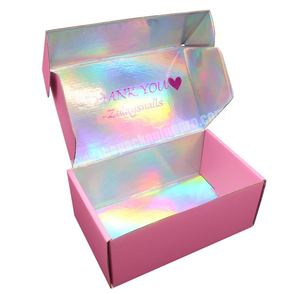 Custom Fancy Shiny Thank You Makeup Creative Shipping Mailer Box Pink Holographic Box Mailer
