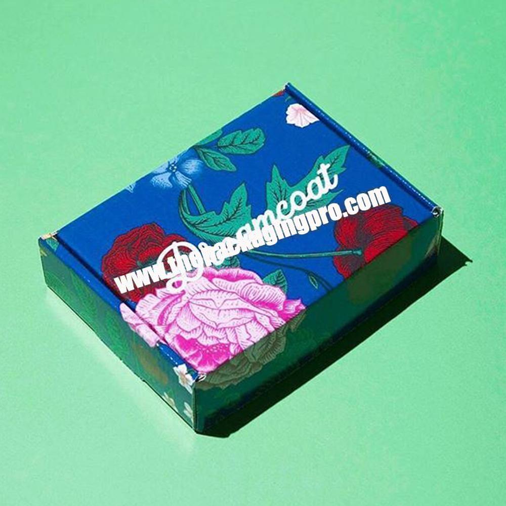 Custom Floral Printed Blue Corrugated T Shirt Packaging Mailer Ecommerce Shipping Box For Socks