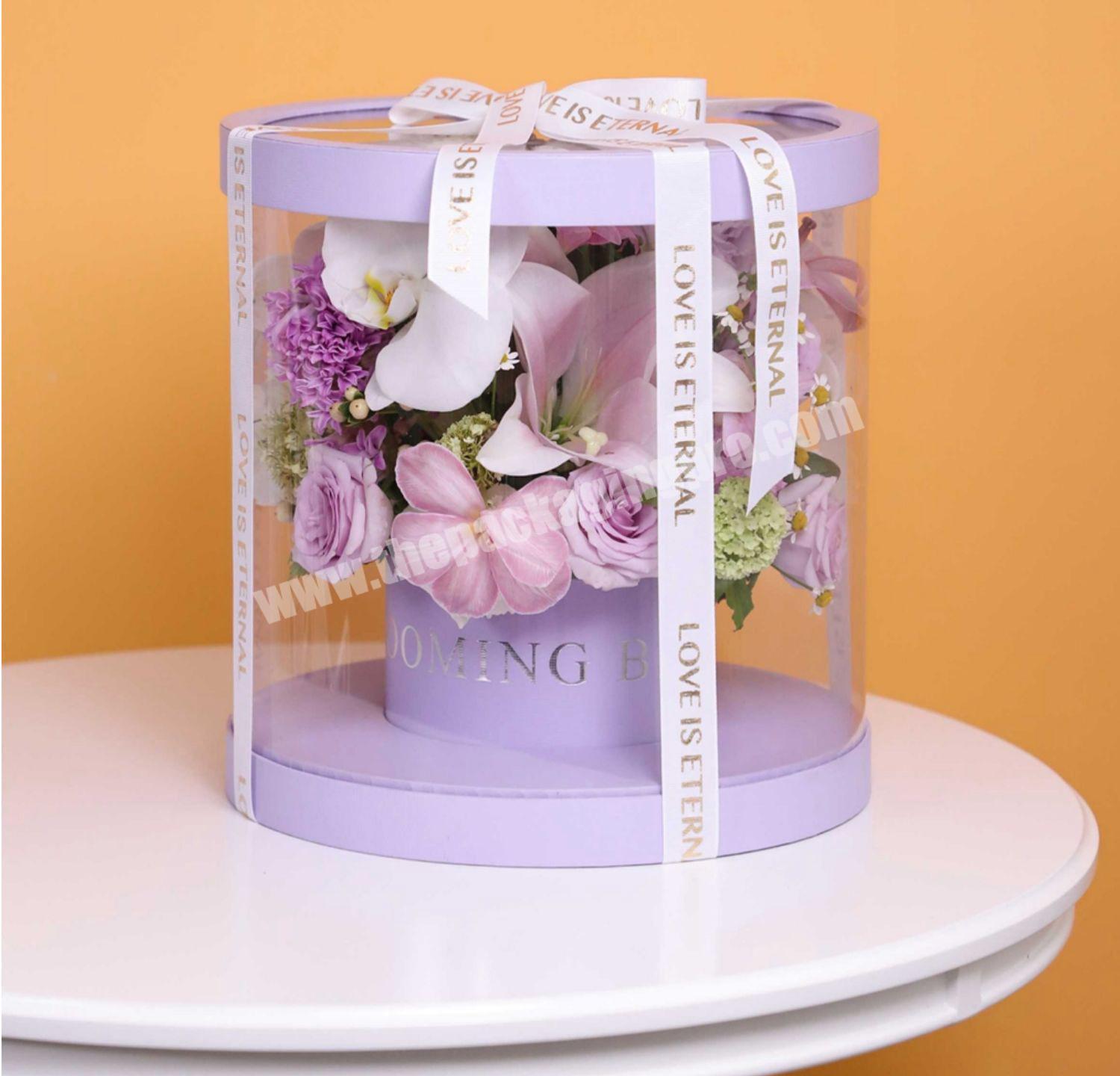 Custom Korean Style Transparent PVC Round Flower Bouquet Gift Packaging Box Clear Plastic cylinder Wedding Flower Delivery Box
