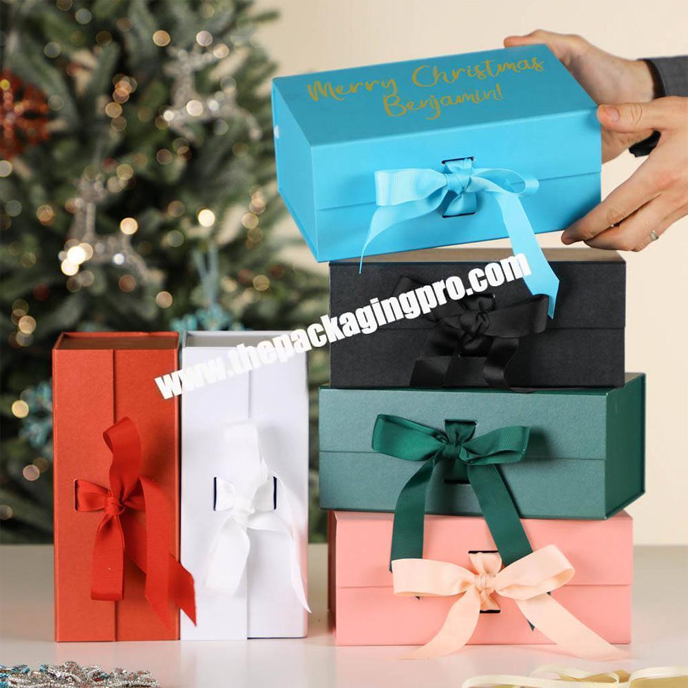 Custom Logo Luxury Ribbon Blue Cardboard Packaging Folding Magnetic Rigid Paper Gift Box