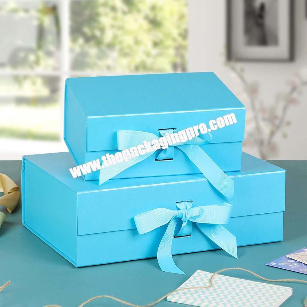 Custom Logo Blue Cardboard Packaging Foldable Magnetic Hair Bundle Rigid Paper Ribbon Gift Boxes