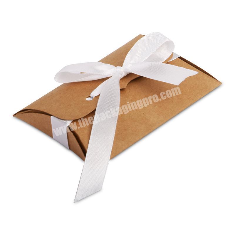 Custom Logo Eco-Friendly Recycled Brown Kraft Paper Pillow Box Packaging Small Candy Gift Box With Ribbon