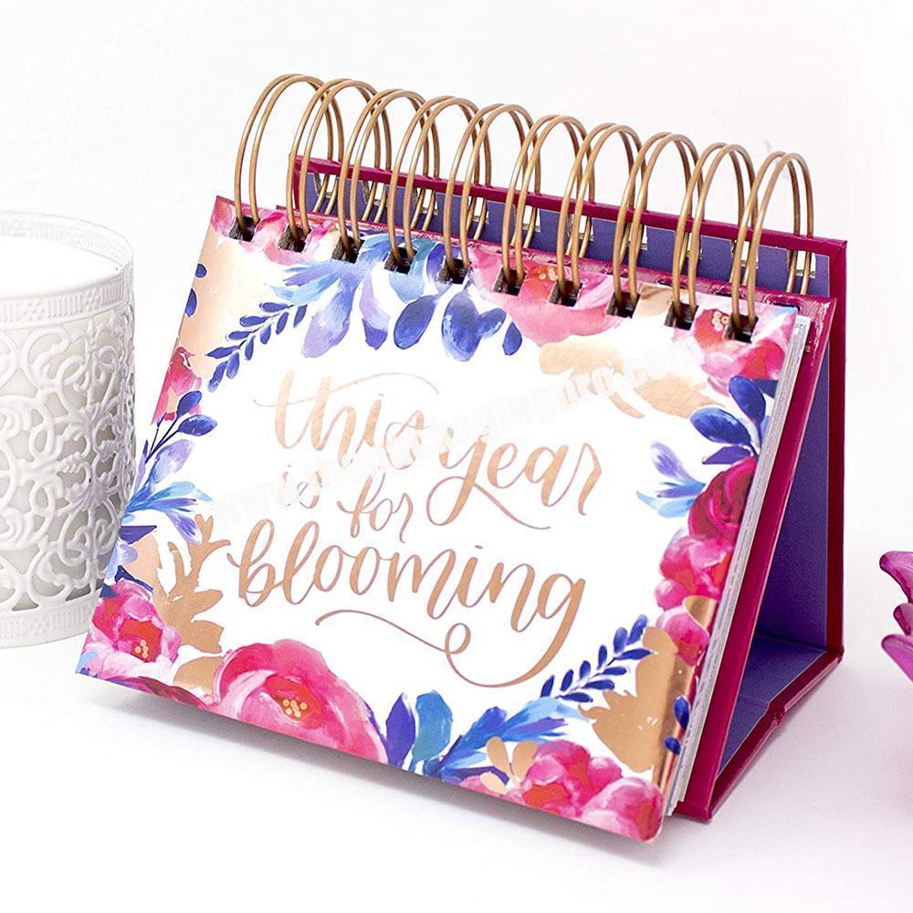 Custom Logo Floral Printed Paper Desk Mini Cute Spiral 365 Day To Page Perpetual Inspirational Calendar