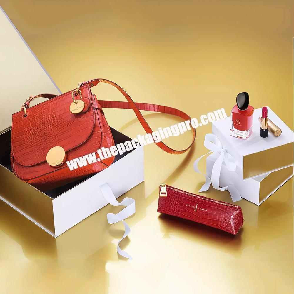 Wholesale Customized Logo Magnetic Folding Luxury Handbag Rigid Packaging Elegant Ribbon Gift Box