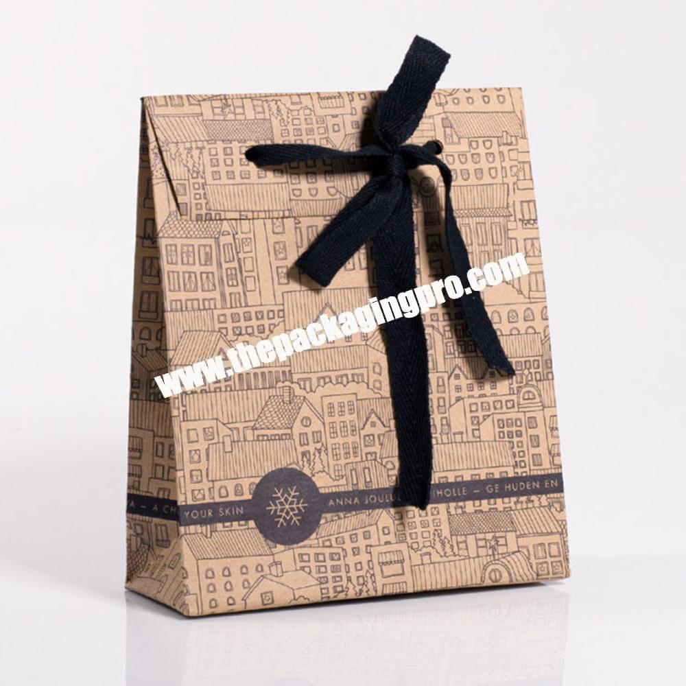 Custom Logo Luxury Kraft Paper Packaging Ribbon Closure Wedding Favour Gift Shopping Bag With Bow