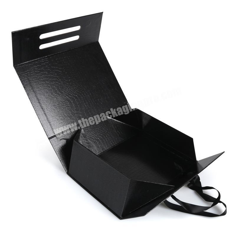 Custom Logo Luxury Magnet Ribbon Gift Caja Box Black Square Flip Top Folding Magnetic Jewelry Cardboard Paper Box With Handle