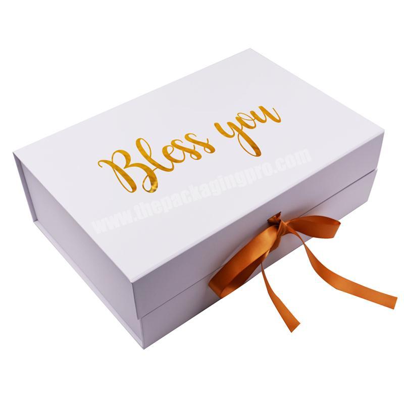 Custom Logo Luxury white Magnetic Foldable Gift Box with Ribbon Box Packaging for dress Handbag Hair Clothing Closure Packing
