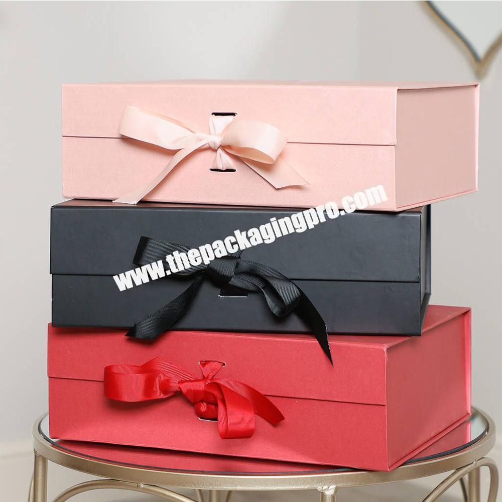 Custom Logo Pink Ribbon Folding Luxury Rigid Packaging Large Magnetic Hamper Gift Box