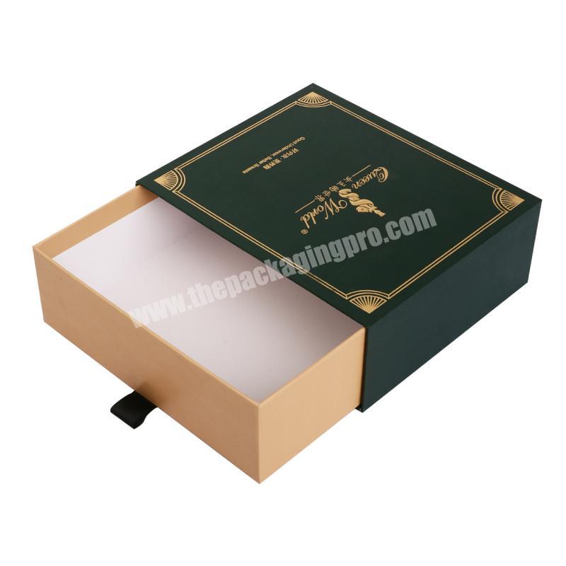 Custom Logo Printed  green Fancy paper gold foil logo small packaging sliding drawer box with ribbon handle