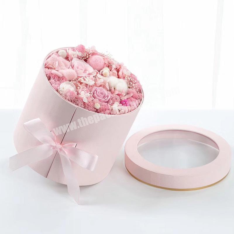 Custom Luxury Handmade Paper Round Flower Display Boxes Double Layers Rotating Rose Flower Gifts Packaging Box With clear window