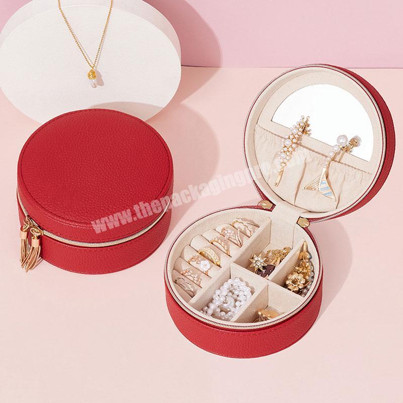 Custom Luxury Small round Storage Case Women Leather Travel Jewelry packaging Boxes With mirror