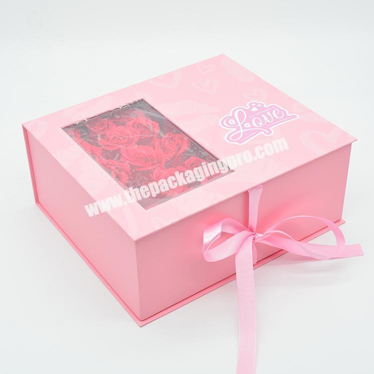 Book Shaped Custom Logo Valentine Pink Flower Box Paperboard Cosmetic Gift Box With Ribbon