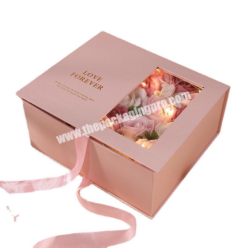 Wholesale Design Luxury Empty Pink Flower Baby Gift Boxes Custom Window Gift Paper Box Package Bouquet Roses Colored Box Packing